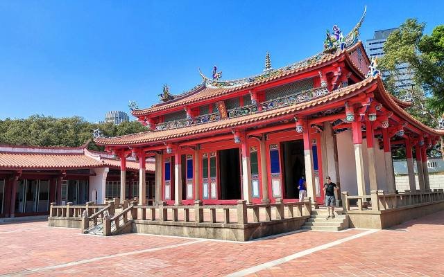 The red halls of the Hsinchu Confucius Temple under a blue sky